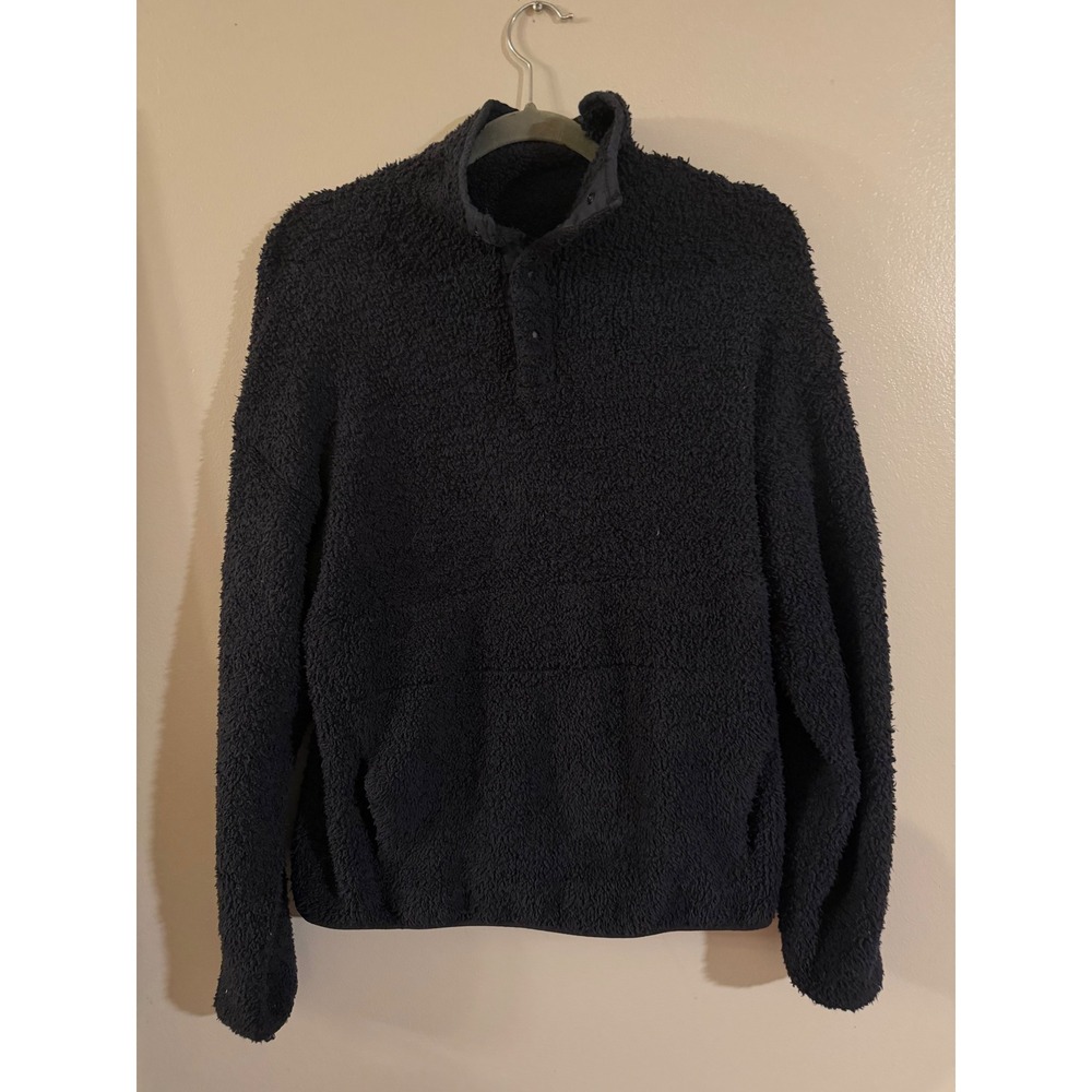 SKIMS Cozy Knit Pullover Onyx Black Snap Neck Teddy Fleece‎ Hoodie S/M